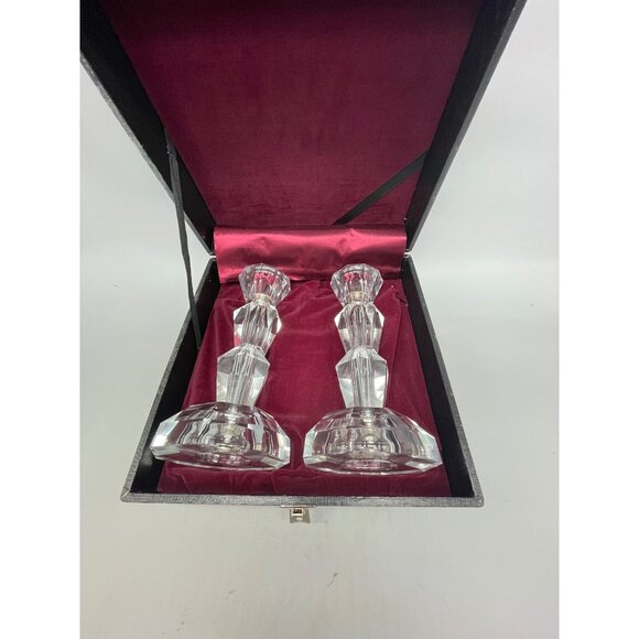 imported crystal hand cut set of 2 candle stick holder with black case 8x4" READ - Picture 10 of 10